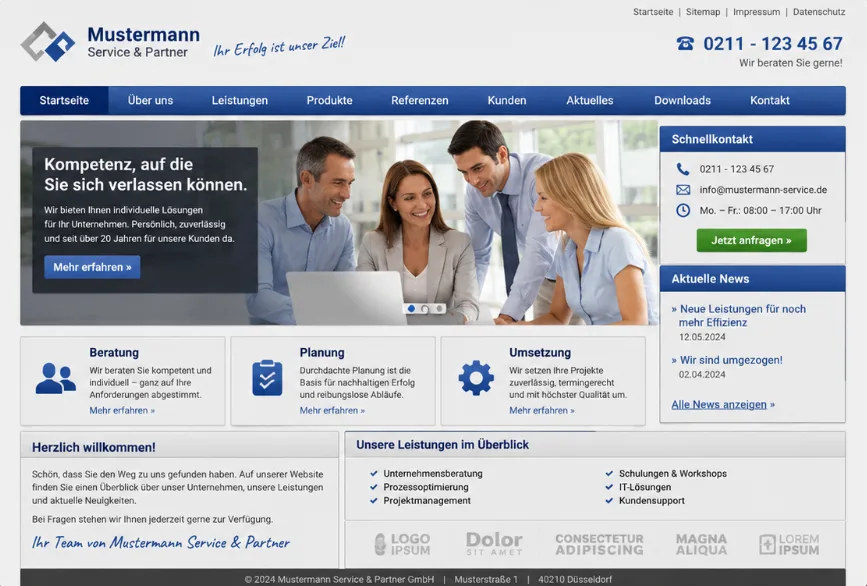 Beispiel einer klassischen, veralteten Standard-Unternehmenswebsite als Vergleich zur Ausgangslage vor der Neugestaltung