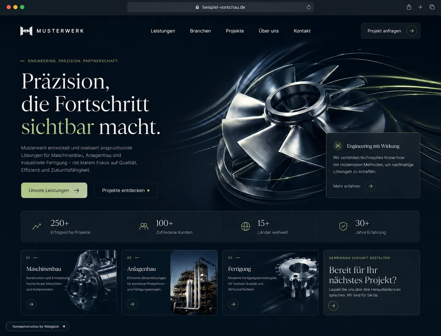 Konzept-Vorschau einer modernen Industrie-Website im dunklen Design – Beispiel für ein individuelles Webglück-Websitekonzept mit Kennzahlen und Leistungsbereichen