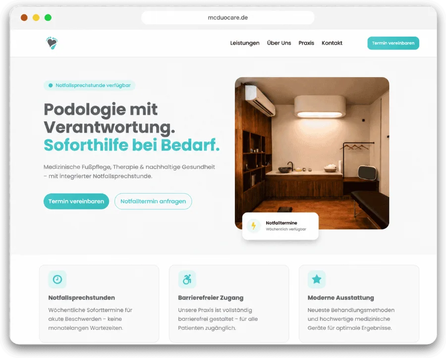 Webseite von M&C DuoCare, Praxis für Podologie