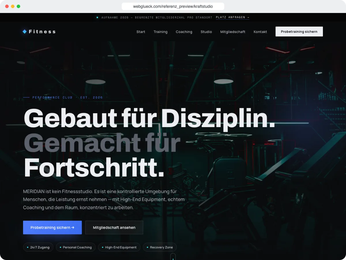 Startseite von MERIDIAN Fitness (Referenzwebseite)
