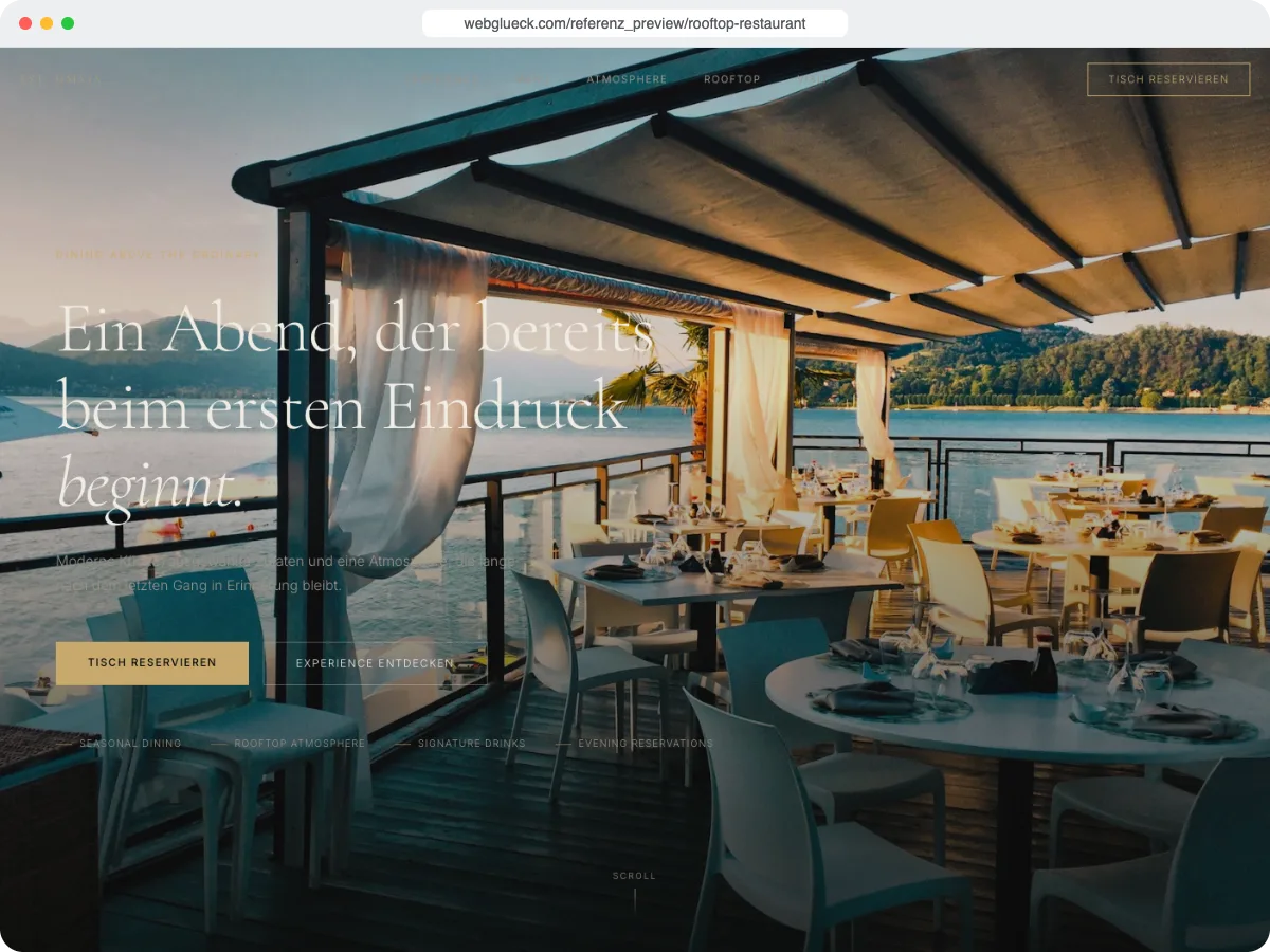 Startseite von Rooftop Restaurant (Referenzwebseite)