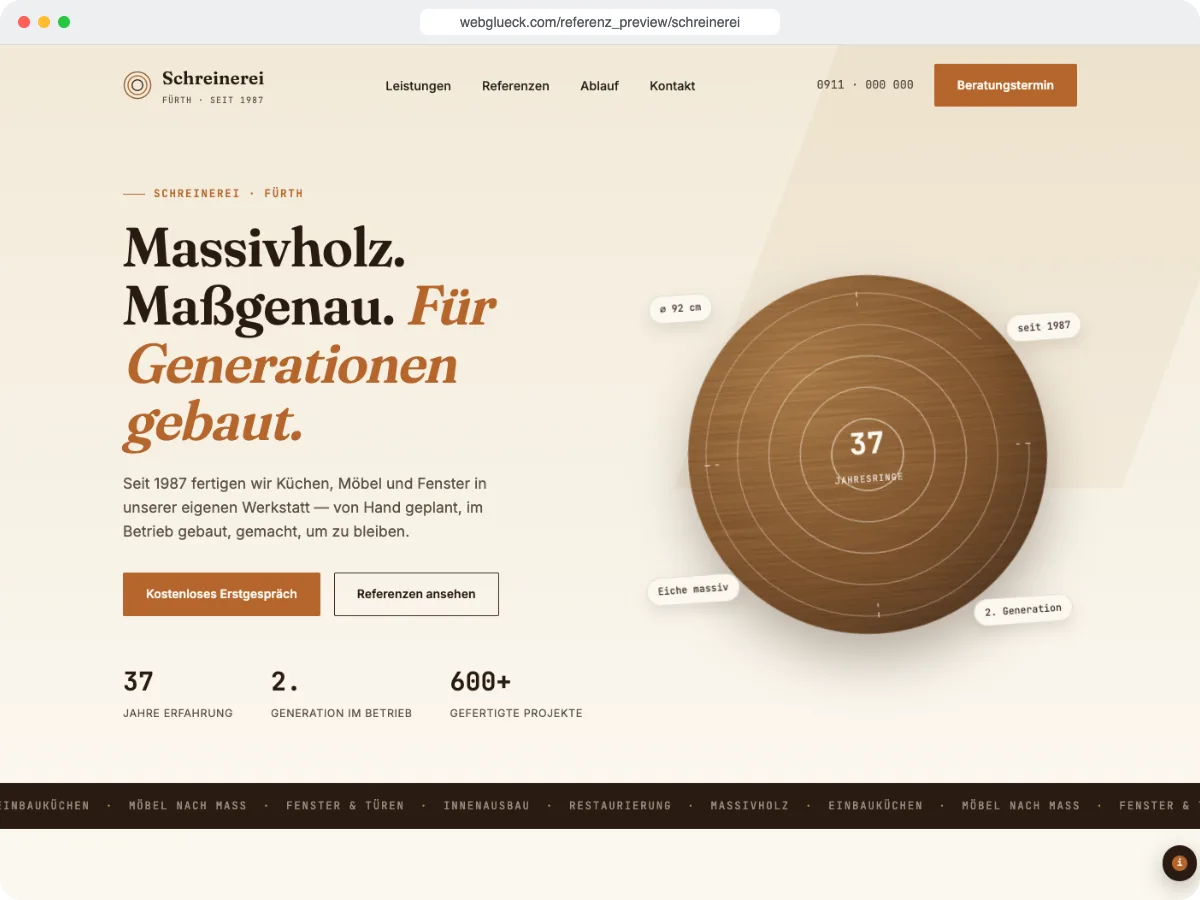 Startseite von Schreinerei (Referenzwebseite)