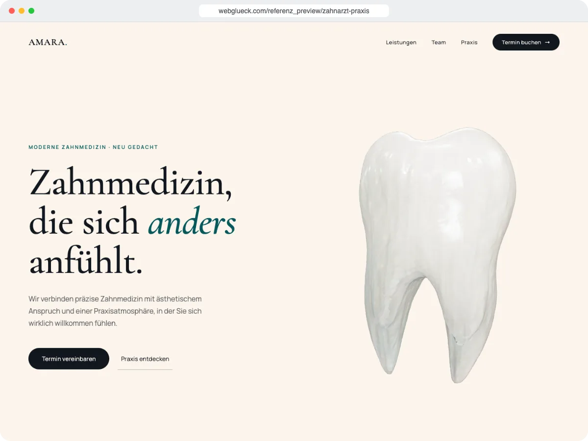 Startseite von AMARA Zahnmedizin (Referenzwebseite)